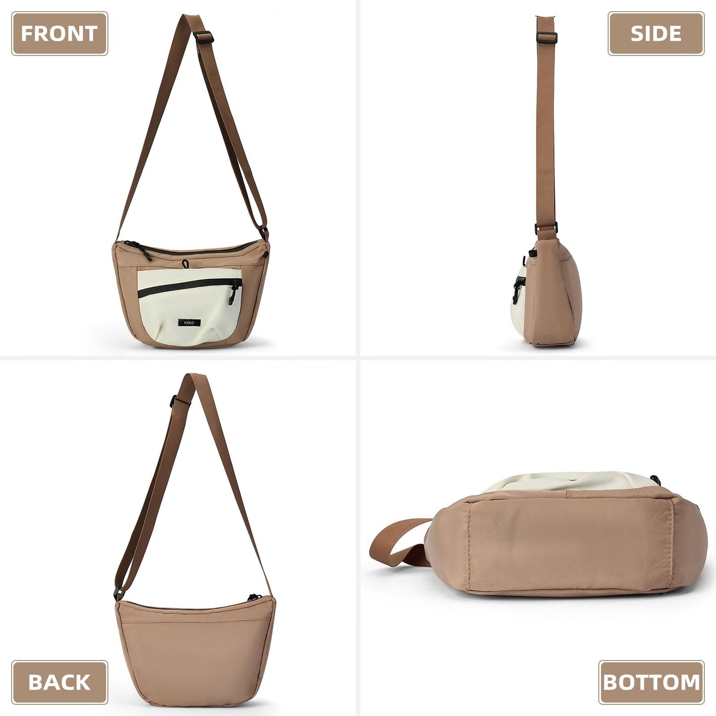 Beige crossbody bag shown from front, side, back, and bottom angles on a white background.