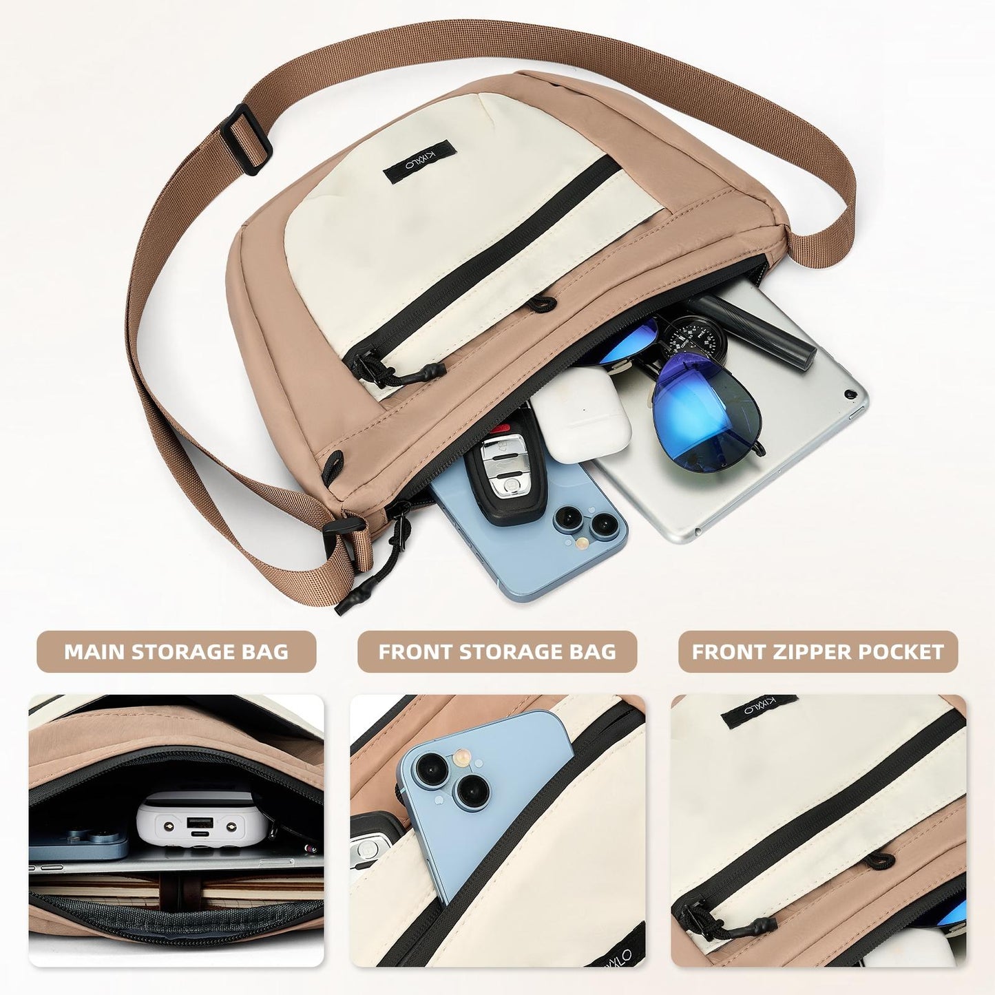 Beige crossbody bag with compartments and items inside on a white background