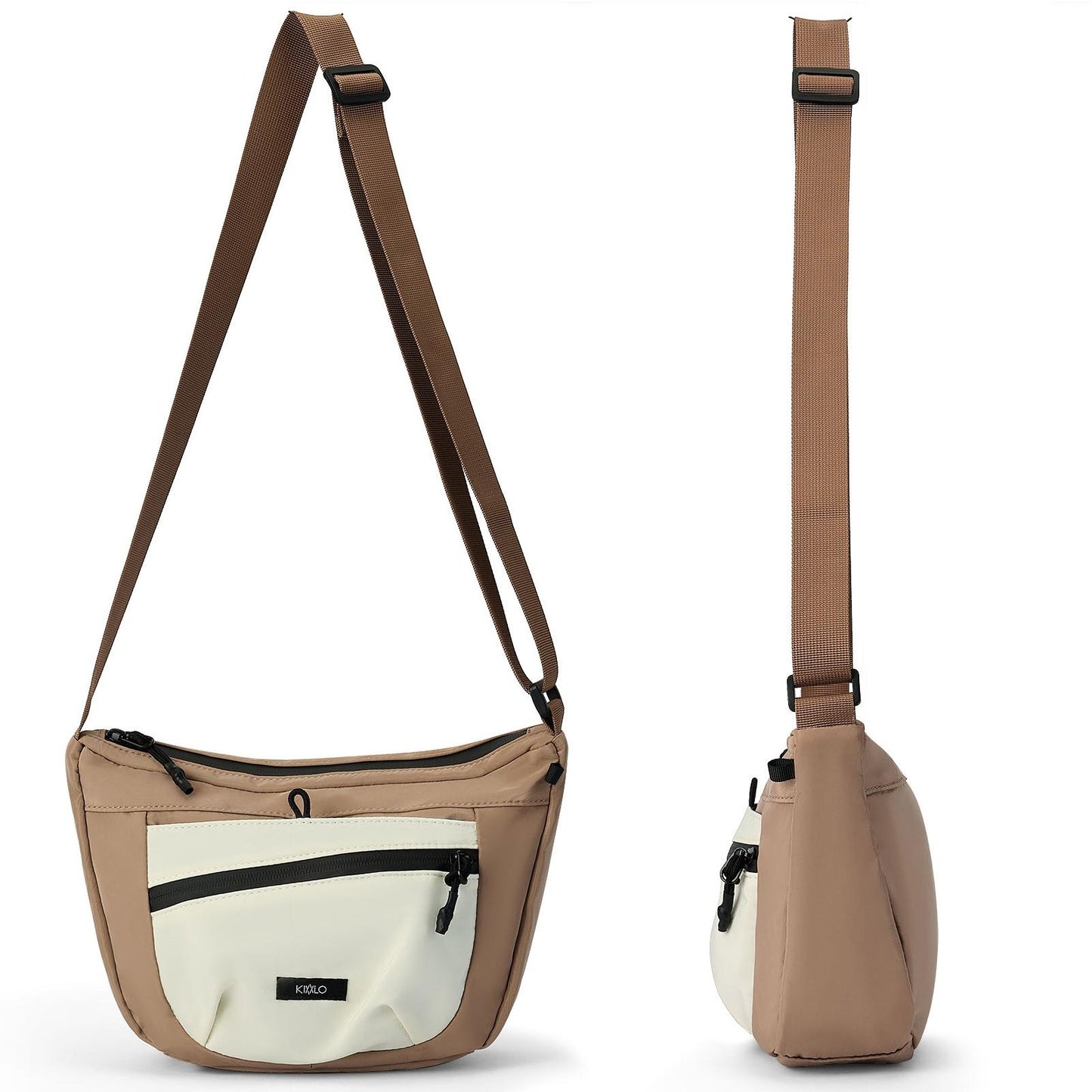 Brown and beige crossbody bag with a strap on a white background
