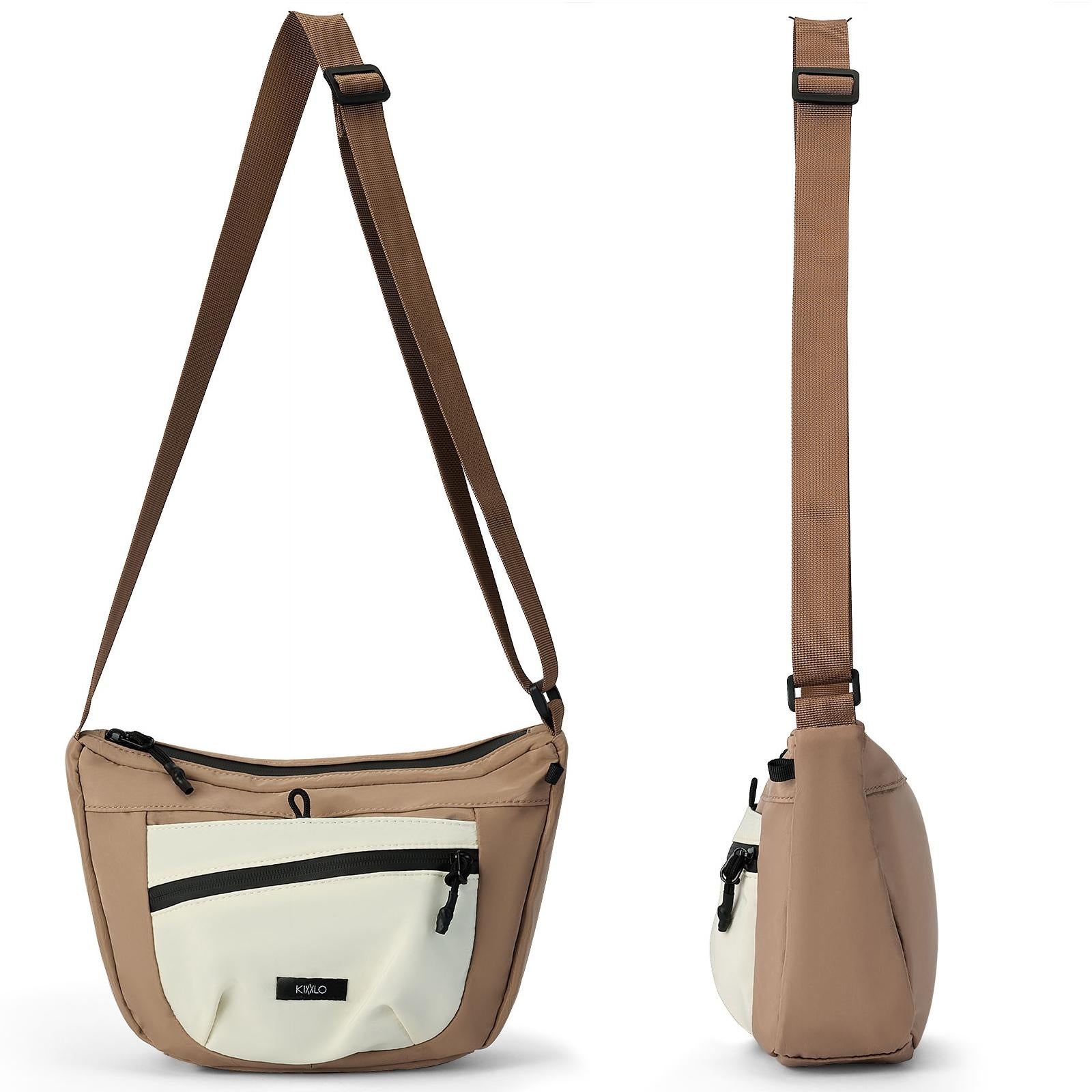 Brown and beige crossbody bag with a strap on a white background