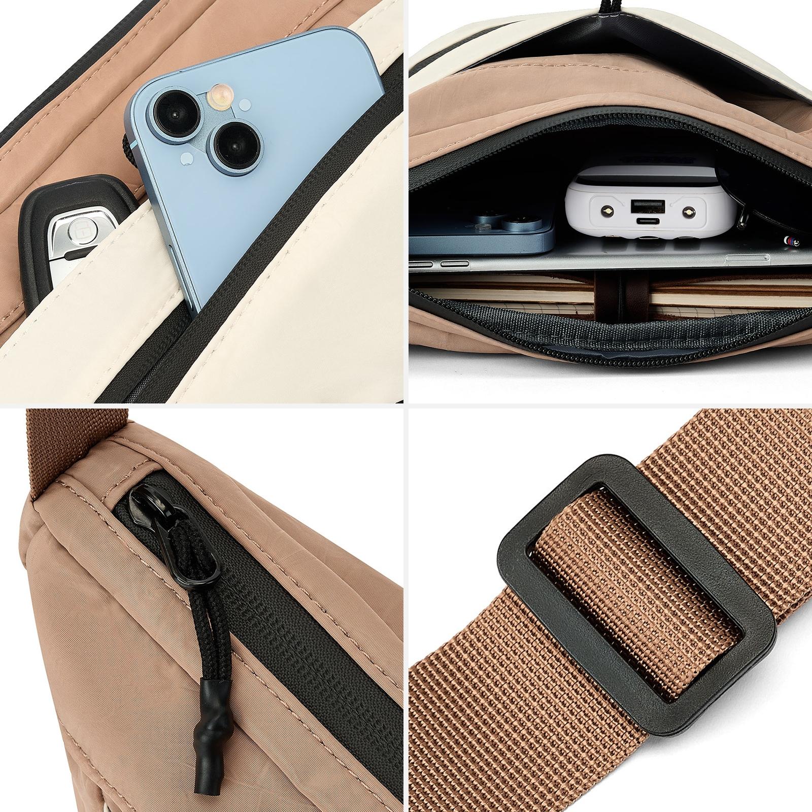Collage of a beige bag with phone pocket, USB port, zipper, and strap details.