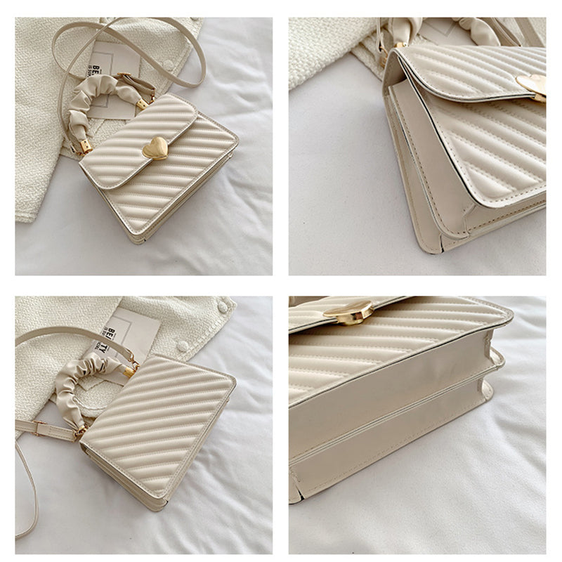Collage of a beige handbag with heart detail on a white surface