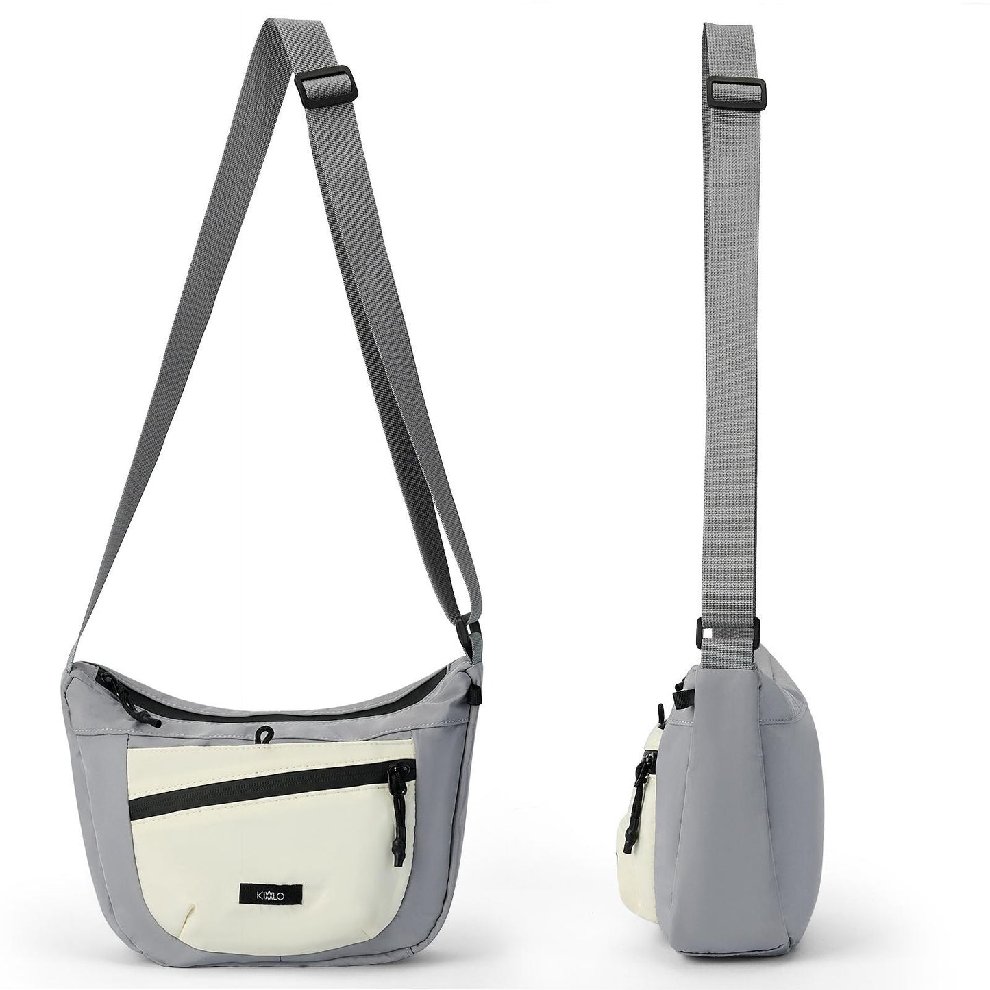 Gray crossbody bag with a white patch on a white background