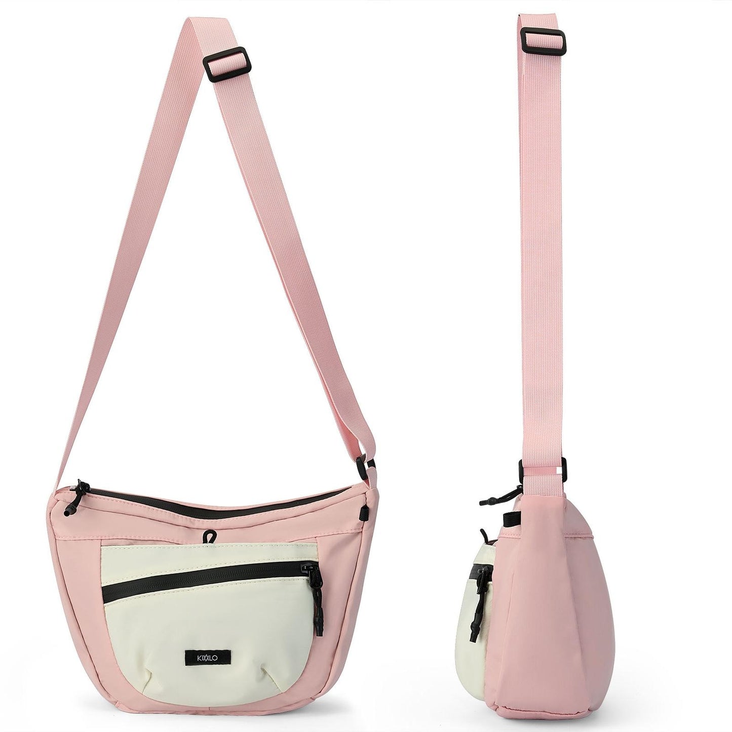Pink crossbody bag with a white pouch on a white background