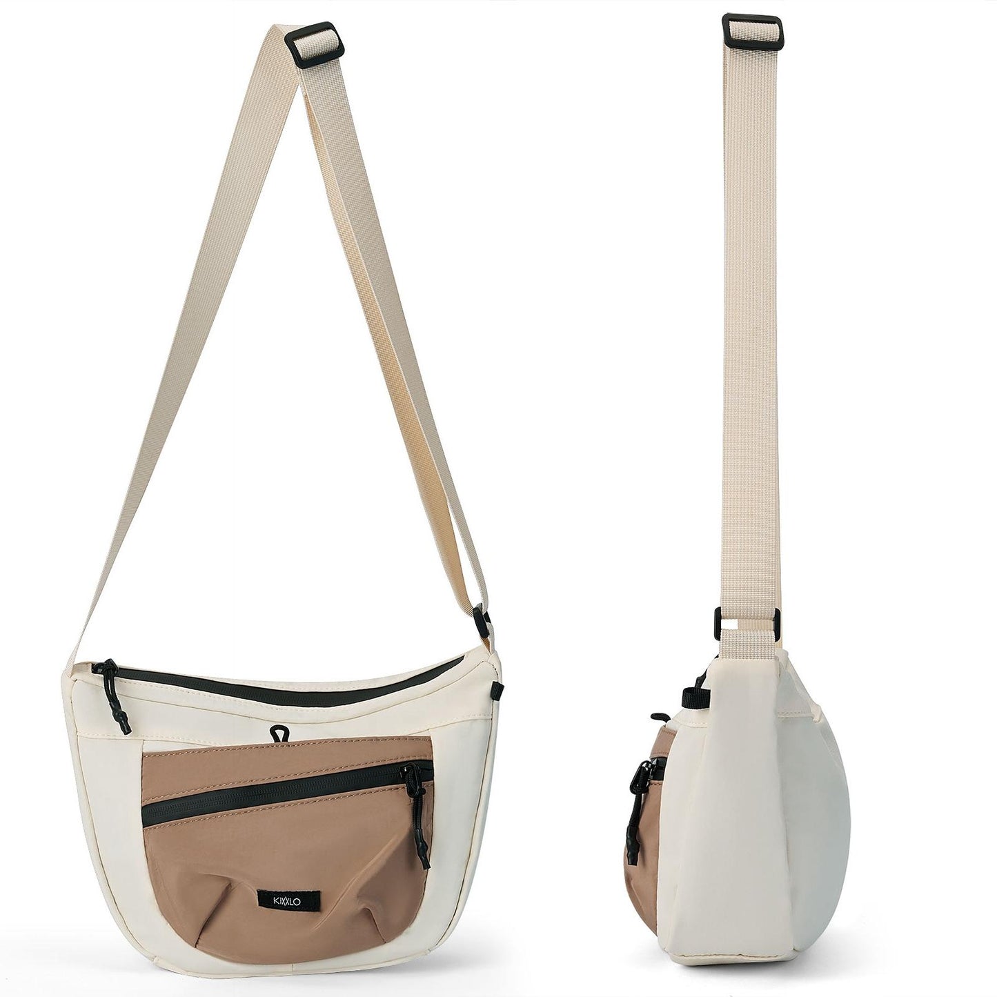Two views of a beige and white crossbody bag on a white background