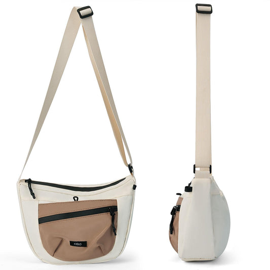 Two views of a beige and white crossbody bag on a white background